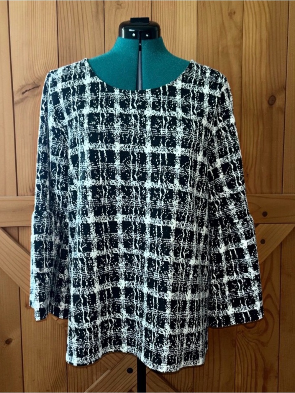 Calvin Klein Black & White Abstract Plaid Bell Sleeve Top Size L